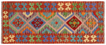Flat Weave Kilim, Antique, Navaho, Vintage, Handmade, Geometric Kilim Blue Rust Hand-Woven Runner 100% Wool Area Rug 3 x 7